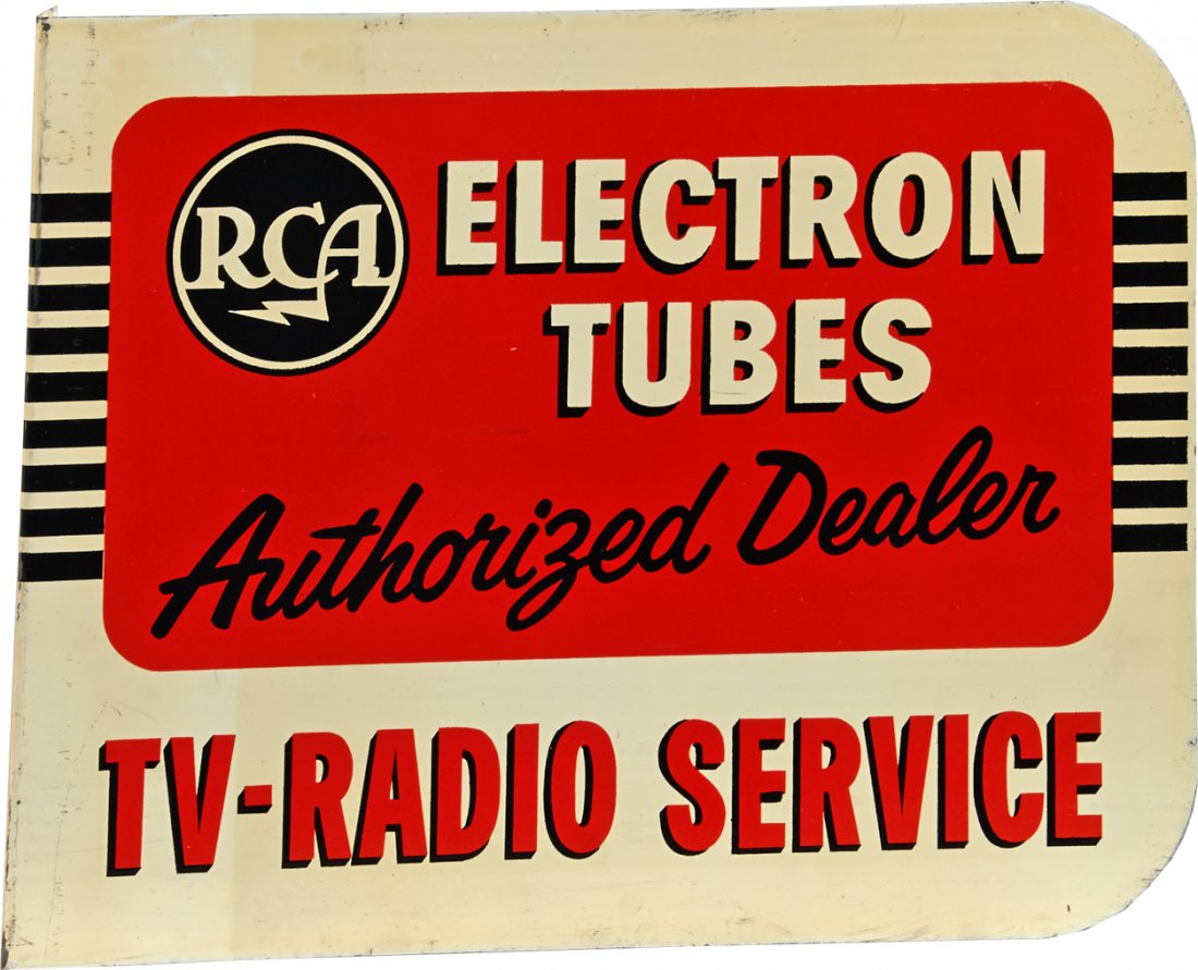 RCA Electron Tubes Double-Sided Metal Flange Dealer Sig: RCA Electron Tubes Double-Sided Metal Flange Dealer Sign, "Authorized Dealer - TV-Radio Service" - 18" x 14"
