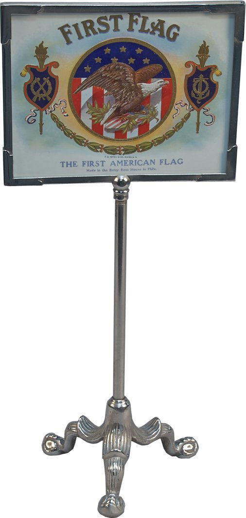 First Flag Patriotic Cigar Advertisement Mounted: First Flag Patriotic Cigar Advertisement Mounted In Nickel-Plated Cast-Iron 3-Footed Pole Frame, F.M. Howell & Co. Elmira, N.Y., Pikes Peak label on back - 16"h