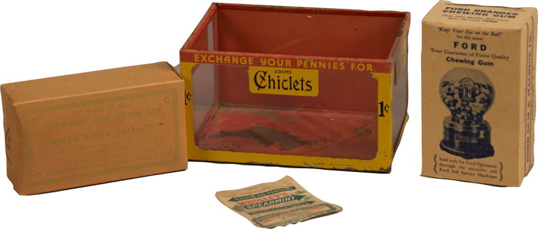 Lot of 4 Early Gum-Related Items:: Lot of 4 Early Gum-Related Items: 1 - "Exchange Your Pennies For Adams Chiclets" countertop glass & metal store advertising display by American Chicle Company, Stock No. C 71, Held 200 1-Cent Packages