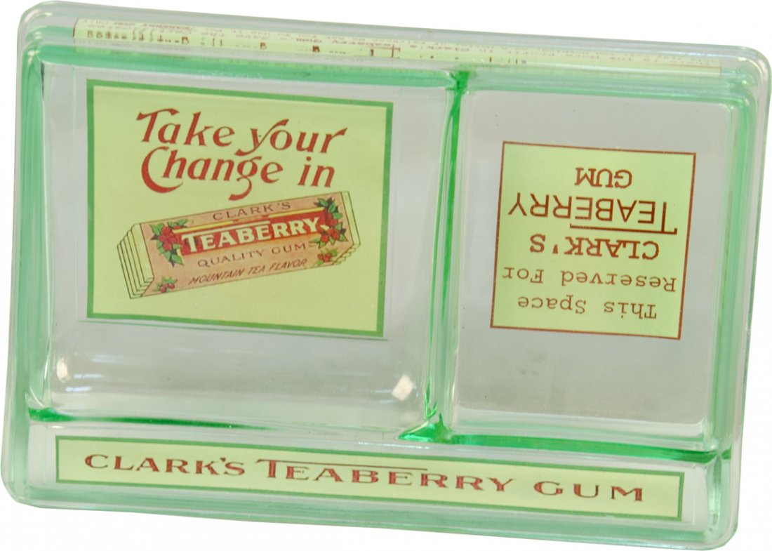 Clark's Teaberry Gum Glass Countertop 2-Compartment Cha: Clark's Teaberry Gum Glass Countertop 2-Compartment Change Receiver, one side for change and other side for gum