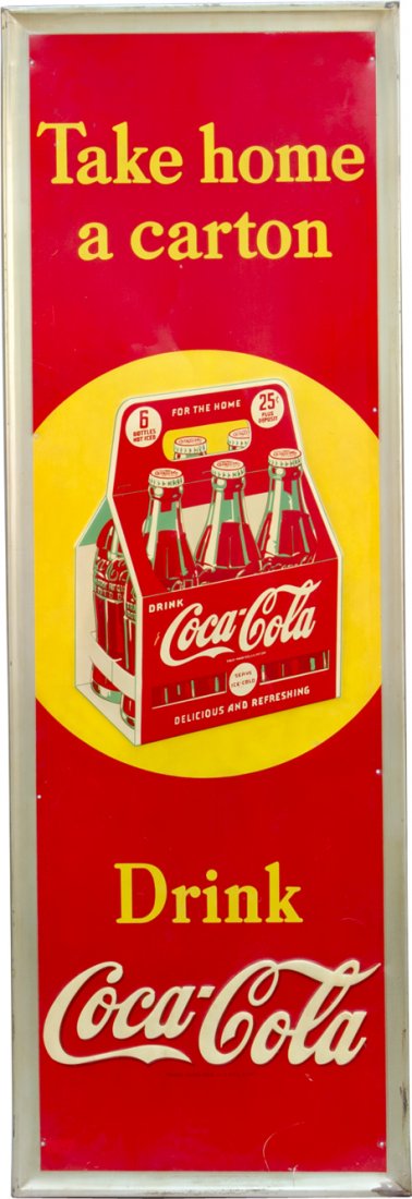 Drink Coca Cola Embossed Self-Framed Tin Advertisement: Drink Coca Cola Embossed Self-Framed Tin Advertisement Sign, "Take home a carton" featuring bottle 6-pack, Robertson-Dualife 1-42 - 18" x 54"
