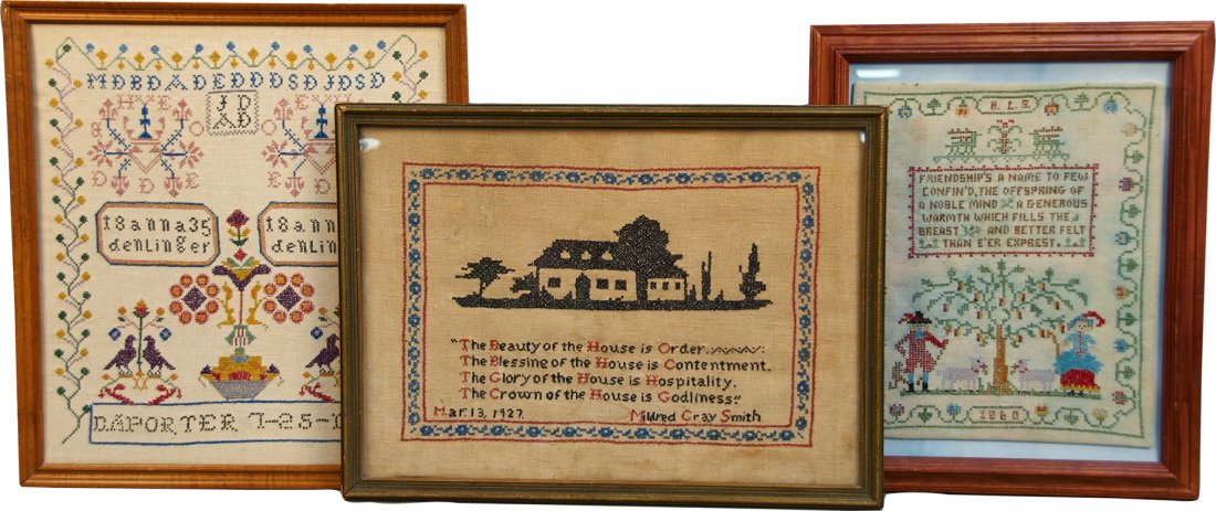 Lot of 3 Early Cross-Stitch Samplers in Frames:: Lot of 3 Early Cross-Stitch Samplers in Frames: 1 - Friendship poem dated 1860 - 13" x 16", 1 - Dated 7-25-1941 - 16" x 17" & 1 - Beauty of the house adage by Mildred Gray Smith dated Mar. 13, 1927 - 