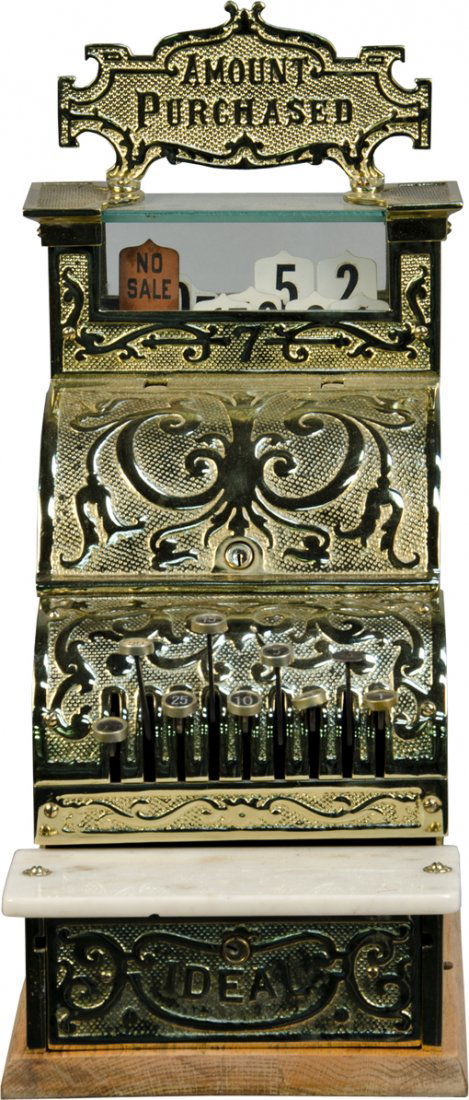 Michigan "Ideal" Fancy Cast-Iron Countertop Candy Store: Michigan "Ideal" Fancy Cast-Iron Countertop Candy Store Cash Register w/ Amount Purchased Top Sign, Nice gold finish and marble ledge