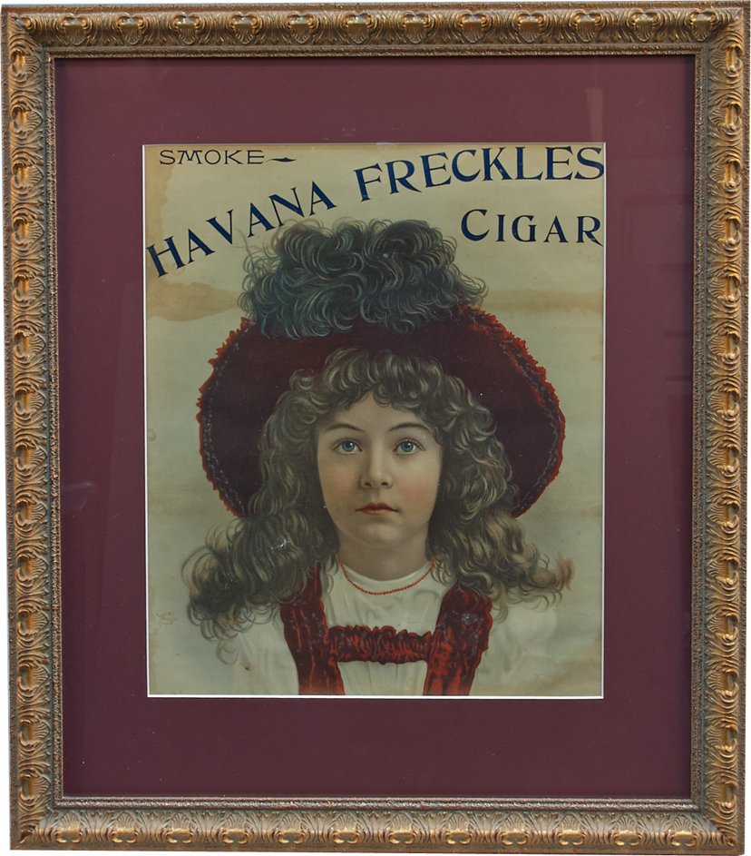"Smoke Havana Freckles Cigar" Large Lithograph Advertis: Smoke Havana Freckles Cigar Large Lithograph Advertisement In Ornate Frame, Featuring beautiful young lady in fancy feathered red hat - 27" x 23"