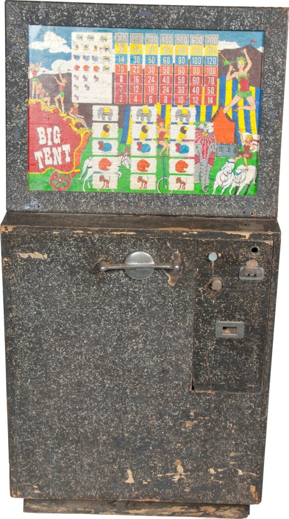 10 Cent Keeney's "Big Tent" Flasher Floor Arcade Machin: 10 Cent Keeney's "Big Tent" Flasher Floor Arcade Machine c1959, Fair condition, Needs some restoration