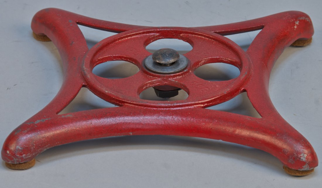 Red Cast-Iron Bar Top Caille Bros. Swivel Base: Red Cast-Iron Bar Top Caille Bros. Swivel Base for a trade stimulator, From a Poker Reel machine, but can fit other trade stimulators - 8.5" x 8.5"