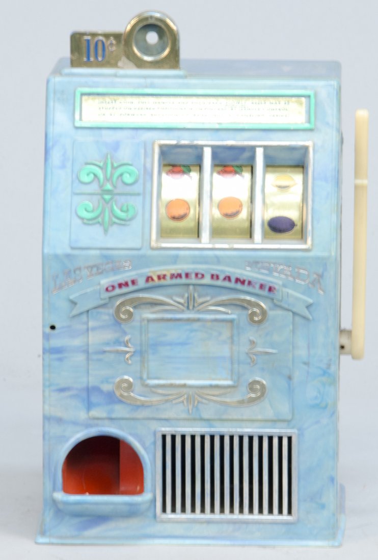 "One Armed Bandit" Blue Plastic Countertop Toy Slot Mac: One Armed Bandit Blue Plastic Countertop Toy Slot Machine, 10 Cent "Las Vegas Nevada" 3-Reel by Medley MFG. Co. Reno, Nev. - 11"h