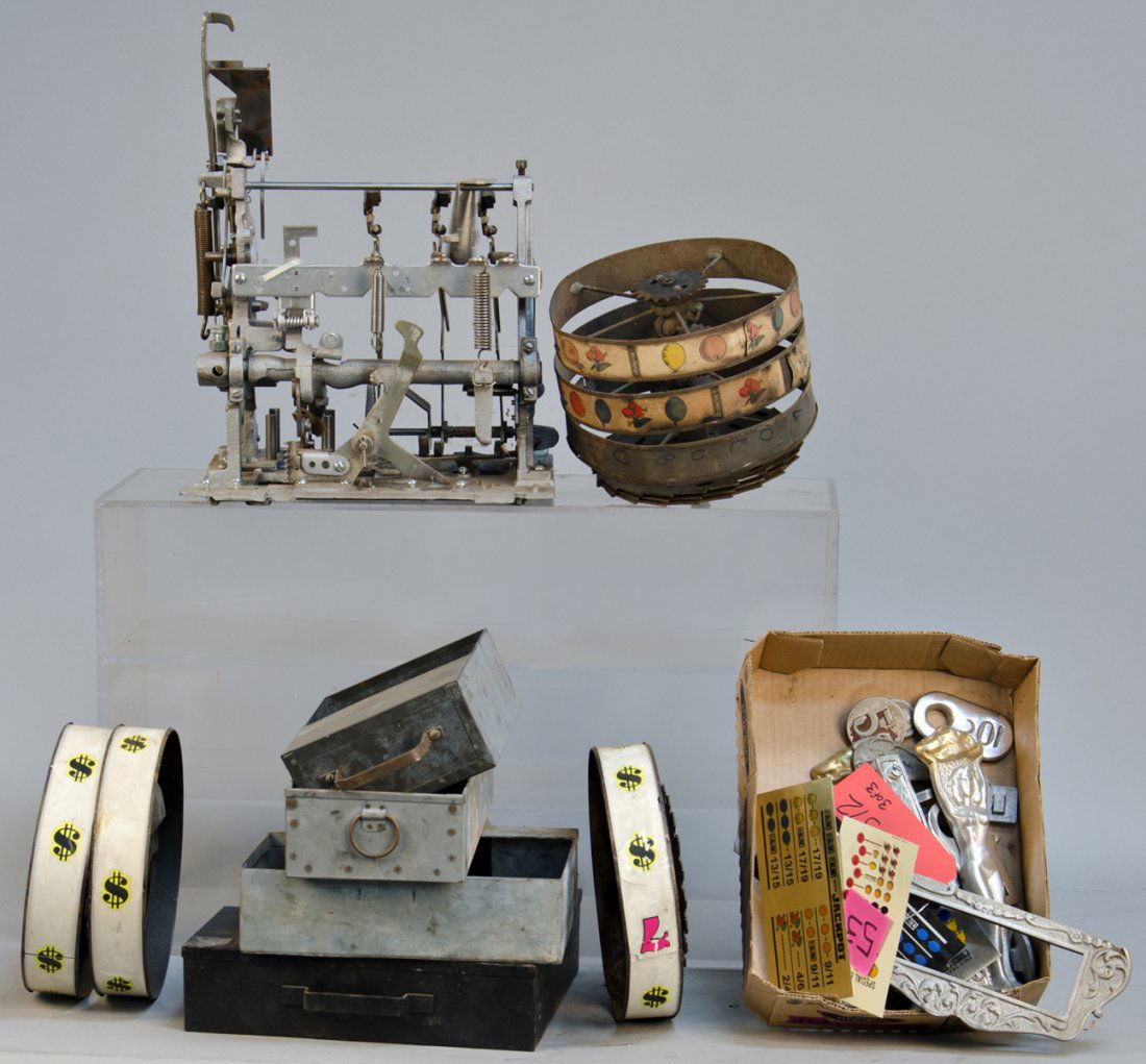 Lot of Misc. Slot Machine Parts:: Lot of Misc. Slot Machine Parts: 10 - Slot machine cash boxes, 1 - Box of 5 cent Mills slot machine parts, almost a mechanism & 1 - Box of assorted slot machine trim parts