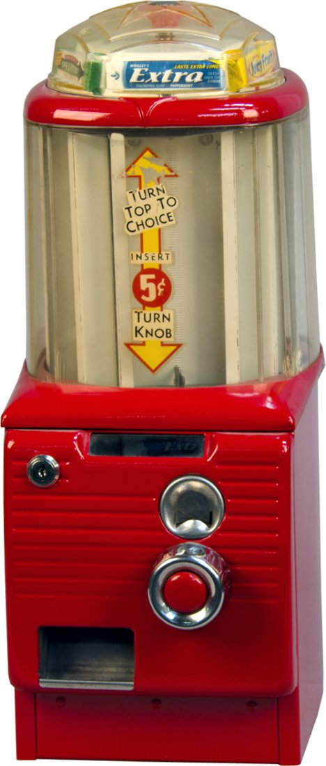 5 Cent Northwestern Corp. 5-Selection Package Gum Red C: 5 Cent Northwestern Corp. 5-Selection Package Gum Red Countertop Vending Machine, "Turn Top To Choice" revolving head rotates selection, 95 pack capacity c1954 w/ key