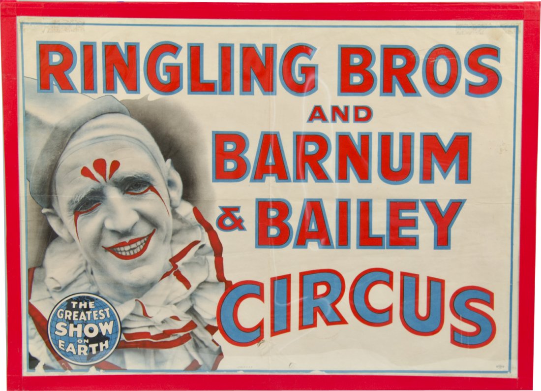 Original Ringling Bros. & Barnum & Bailey Circus Poster: Original Ringling Bros. & Barnum & Bailey Circus Poster, Depicts black & white clown photo w/ red color detailing, Litho. In U.S.A., "The Greatest Show On Earth", Good condition w/ small tear near bot