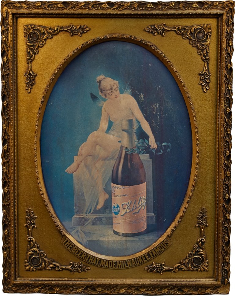 Schlitz Beer Fairy Oval Advertisement Lithograph in Fan: Schlitz Beer Fairy Oval Advertisement Lithograph in Fancy Gold Schlitz Frame, "The Beer That Made Milwaukee Famous" on frame - 22" x 28"