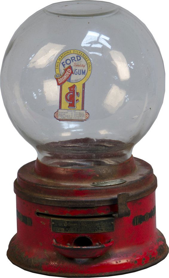 1 Cent "Ford" Gumball Vending Machine C1935: 1 Cent "Ford" Gumball Vending Machine C1935 by Ford Gum & Machine Co. No. 44133, the red formed metal body is in original condition w/ the original decals