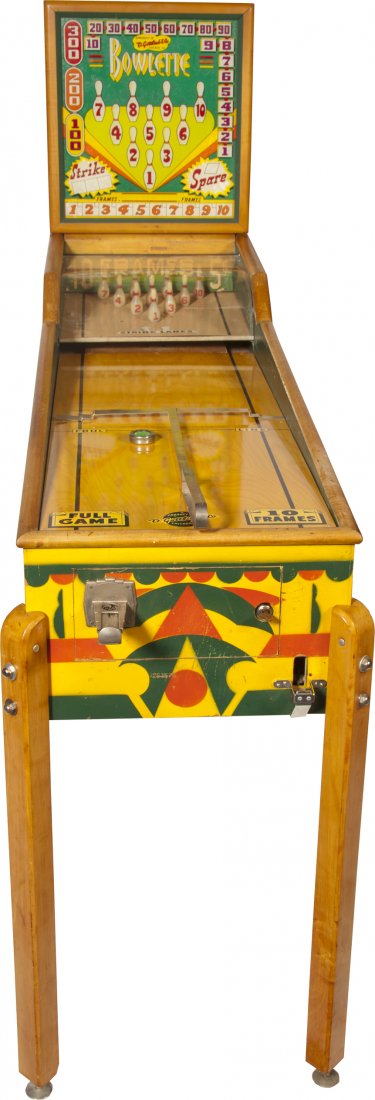 Coin-Op D. Gottlieb & Co. "Bowlette" Bowling Floor Arca: Coin-Op D. Gottlieb & Co. "Bowlette" Bowling Floor Arcade Machine c1950, Very nice original wood cabinet & original backglass w/ some wear, Comes w/ original Gottlieb puck & metal "T" rake (ball retur