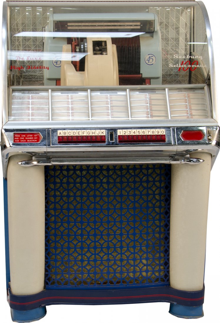 Seeburg Select-O-Matic 100 High Fidelity Model HF100G J: Seeburg Select-O-Matic 100 High Fidelity Model HF100G Jukebox in Drink Pepsi-Cola Motif c1953 w/ keys