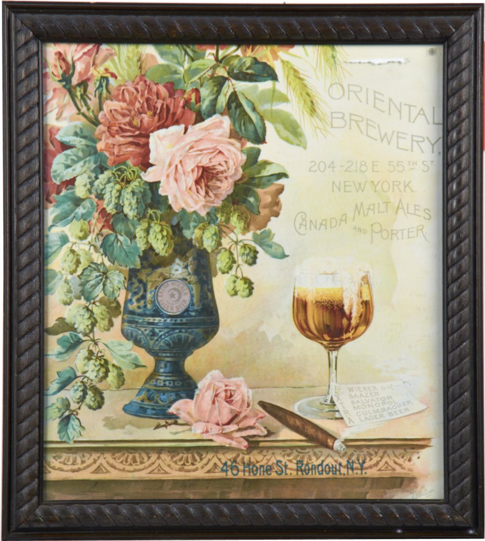 Oriental Brewery Paper Advertisement Print In Frame: Oriental Brewery Paper Advertisement Print In Frame, featuring flowers, cigar, and drink, "204-218 E. 55th St. New York - Canada Malt Ales and Porter - 46 Hone ST. Rondout, N.Y.", By J. Ottmann Lith. 