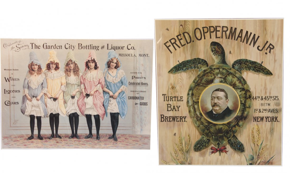 Lot Of 2 Advertisement Prints:: Lot Of 2 Advertisement Prints: 1 - The Garden City Bottling & Liquor Co. "Compliments of the Season", "Agents for Pabst's Celebrated Beers" featuring rare c1900 image of women's chorus line w/ kittens