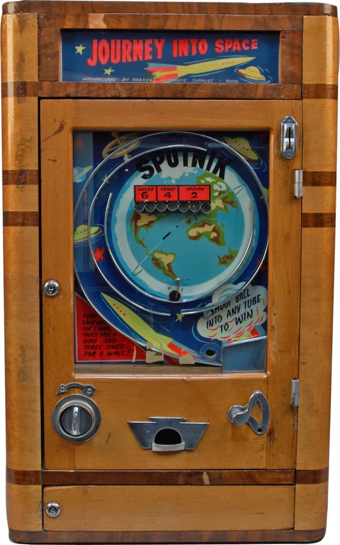 Coin-Op "Sputnik" Space-Themed British Countertop Skill: Coin-Op "Sputnik" Space-Themed British Countertop Skill Game Arcade Machine, c1950s Parkers Automatic Supplies MFG., Works w/ large British penny, Approx. 30 coins included, "Journey Into Space" sign,