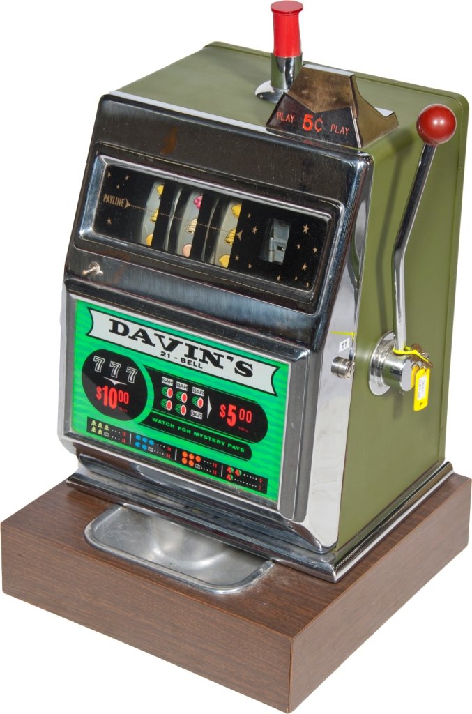5 Cent Davin's 21-Bell Open Front Slot Machine On Stand: 5 Cent Davin's 21-Bell Open Front Slot Machine On Stand w/ top light, "Jackpot" wood & glass cabinet light-up slot machine stand w/ key