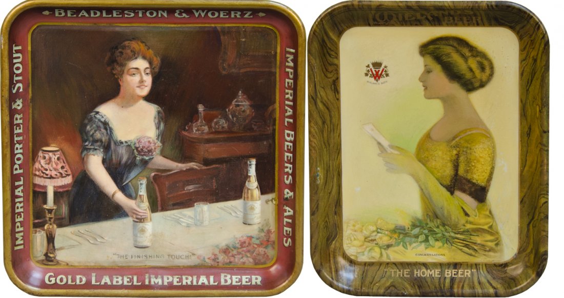 Lot Of 2 Tin Serving Trays:: Lot Of 2 Tin Serving Trays: 1 - Gold Label Imperial Beer, Beadleston & Woerz, "The Finishing Touch!" featuring lady serving bottled beer at banquet table c1900, Has been retouched - 13" x 13" & 1 - Wi