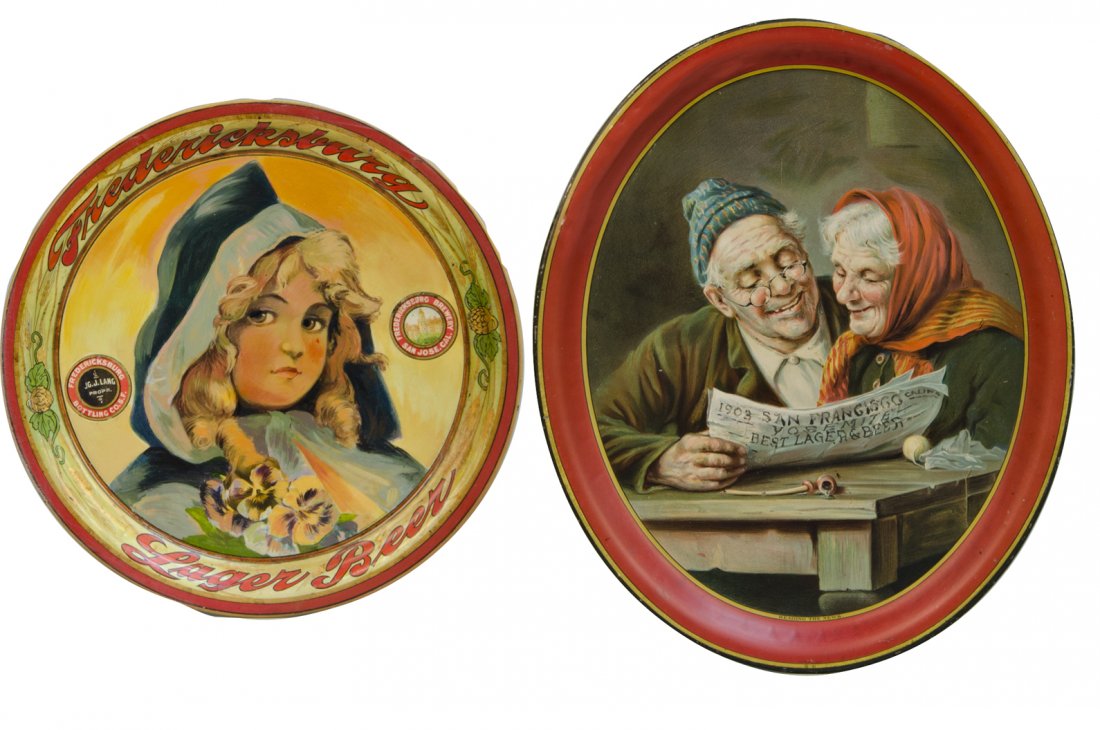 Lot Of 2 Tin Serving Trays:: Lot Of 2 Tin Serving Trays: 1 - Fredericksburg Lager Beer Round Tray featuring "Girl In Blue", Fredericksburg Bottling Co., S.F., Kaufman & Strauss Co. N.Y. c1905 w/ lot of restoration - 13"d & 1 - Yo