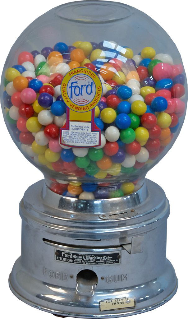1 Cent Ford Countertop Gumball Vending Machine: 1 Cent Ford Countertop Gumball Vending Machine w/ Ford decal w/ gumballs, No. C036145 c1950, Ford Gum & Machine Co. Inc. plate, Chrome finish