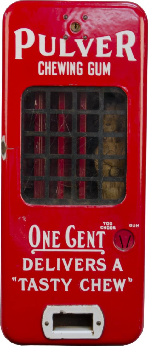 1 Cent Pulver "Too Choos" Red Porcelain Case Vending: 1 Cent Pulver "Too Choos" Red Porcelain Case Vending Machine c1920s w/ "The Yellow Kid"