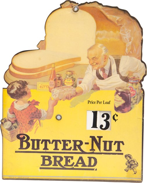 Butter-Nut Bread Die-Cut Cardboard Sign w/Movable Wheel: Butter-Nut Bread Die-Cut Cardboard Sign w/ Moveable Wheel Prices Display, "Price Per Loaf" featuring grocery scene, Form No. 23 Printed in USA w/ metal rivet for hanging, Great condition - 10" x 13"