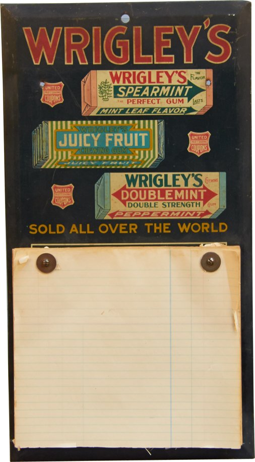 Wrigley's Gum Tin Notepad Sign: Wrigley's Gum Tin Notepad Sign, Beveled edges on tin sign w/ cardboard backing, "Sold All Over The World" - 9" x 17"
