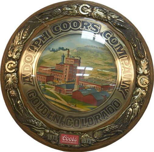 Coors Beer Round Framed Plastic Advertisement Sign: Coors Beer Round Framed Plastic Advertisement Sign, Adolph Coors Company, Golden, Colorado 1873-1973, Featuring brewery - 18"d