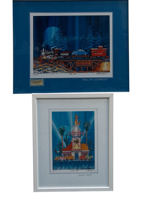 Lot of 2 Fred Bonn Limited Edition Lithographs In Frame: Lot of 2 Fred Bonn Limited Edition Lithographs in Frames: 1 - "Rag Top Express" Signed by the artist & numbered 75/100, Featuring train transporting a car at night, Includes The Rio Grande Southern Ra