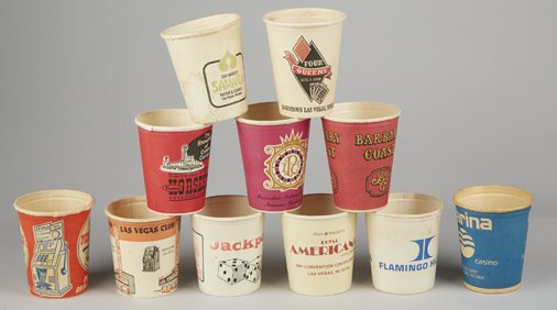 Lot of 11 Vintage Slot Machine Cardboard Coin Cups: Lot of 11 Vintage Slot Machine Cardboard Coin Payout Cups, Including Las Vegas Club, Flamingo Hilton, Marina, Royal Americana, Pioneer Club, Sahara Hotel & Casino, etc.