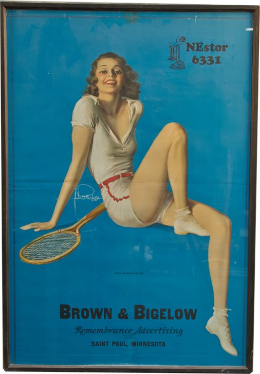 Lot Of 2 Brown & Bigelow Pin Ups In Frames:: Lot Of 2 Brown & Bigelow Pin Ups In Frames: 1 - "Prize Winning Picture" Tennis Pin-Up Poster in Frame, Art by Rolf Armstrong, Telephone "NEstor 6331", "Remembrance Advertising St. Paul, Minnesota", So