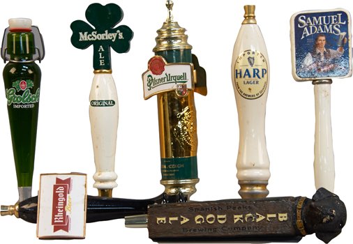 Lot of 7 Beer Bar Tap Handles,: Lot of 7 Beer Bar Tap Handles, Black Dog Ale, Harp Lager, Pilsner Urquell, Rheingold Beer, Samuel Adams, Grolsch Imported, and McSorley's Ale
