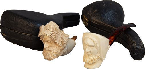 Lot of 2 Pipes in Cases:: Lot of 2 Pipes in Cases: 1 - SMS Handcarved Block Meerschaum, Turkey & 1 - Pipe-end only (no stem), Carved ivory, Ural, Has crack - Both depict men's heads w/ beards