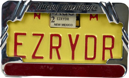 Harley-Davidson "EZRYDR" Embossed License Plate: Harley-Davidson "EZRYDR" Embossed License Plate and Chrome Holder, New Mexico plate - 7.5" x 4.5"