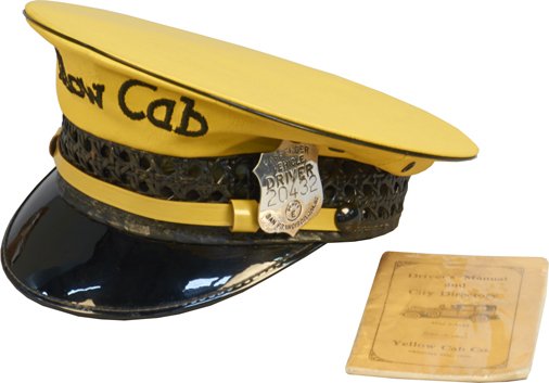 Yellow Cab Leather Taxi Driver Hat w/ Badge: Yellow Cab Leather Taxi Driver Hat w/ Badge & Vintage "Driver's Manual and City Directory" by Yellow Cab Co., Oklahoma City, OK. The hat is Size 7 Lancaster Brand Los Angeles "Ask The Man Who Wears On