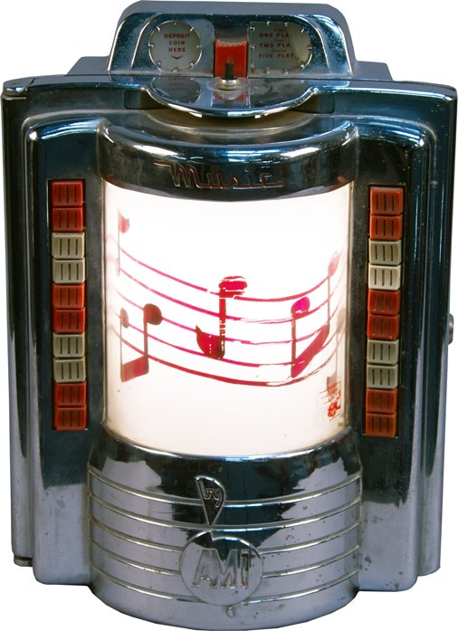 AMI Music Model No. W-80 Jukebox Selector Wall Box: AMI Music Model No. W-80 Jukebox Selector Wall Box c1950s, 5/10/25 Cent, Serial No. 123913, AMI Incorporated, Grand Rapids, Mich., "Capone's Chicago Light" light-up curved glass w/ plexiglass w/ music