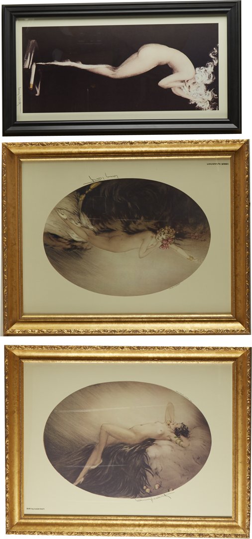 Lot of 3 Louis Icart Prints in Frames:: Lot of 3 Louis Icart Prints in Frames: 1 - "Eve" Paris in fancy gold frame - 27"x 21", 1 - "Venus" Paris in fancy gold frame - 27" x 21" & 1 - "Smoke Girl" in black frame - 15" x 27"