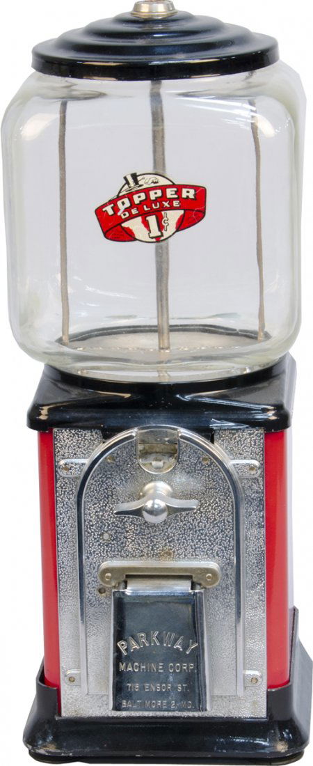 1 Cent Victor Vending Corp. "Topper" Countertop Gumball: 1 Cent Victor Vending Corp. "Topper" Countertop Gumball Vending Machine w/ "Topper Deluxe" decal & "Parkway Machine Corp. 715 Ensor St. Baltimore 2, MD." chute flap, Red & black base w/ square glass g