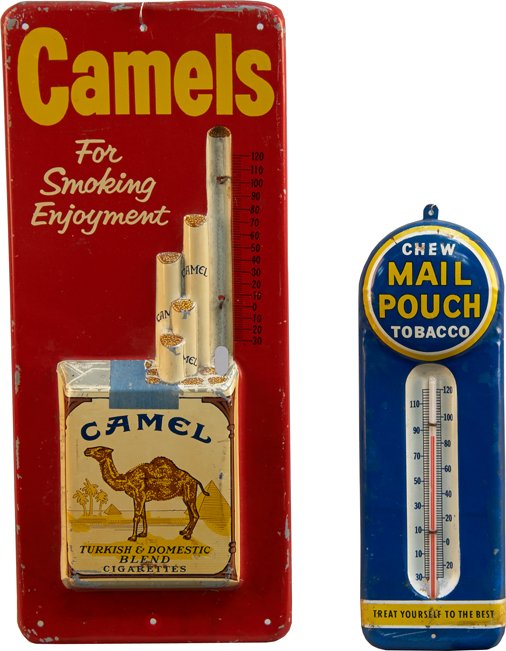 Lot of 2 Small Tin Thermometer Signs:: Lot of 2 Small Tin Thermometer Signs: 1 - Chew Mail Pouch Tobacco "Treat Yourself To The Best" w/ thermometer - 3" x 9" & 1 - Camels Cigarettes Embossed "For Smoking Enjoyment" featuring pack of cigar