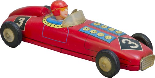 Red Racer Wind-Up Tin Litho. Toy Car: Red Racer Wind-Up Tin Litho. Toy Car w/ driver, No. 3, Rubber wheels - 9" long