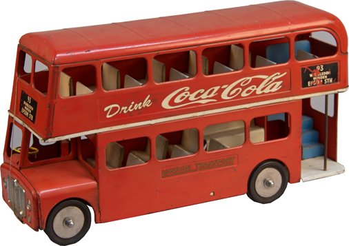 Vintage London Transport Double-Decker City Bus c1947: Vintage London Transport Double-Decker City Bus c1947, by L. Bros. Ltd. TRI-ANG England w/ Coca Cola advertisement, has paint touch-up - 12" x 23"l.