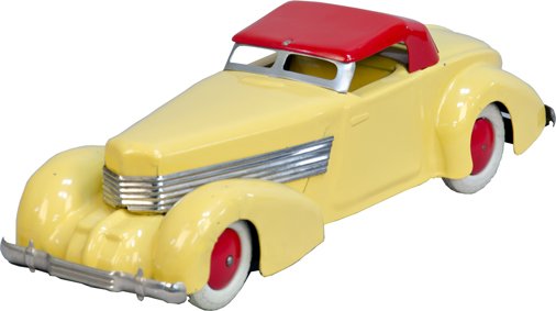 Vintage Wyandotte, USA. "Cord - Coupe Model 810": Vintage Wyandotte, USA. "Cord - Coupe Model 810" c1936, pressed steel w/ rubber tires, yellow body & red roof, in restored condition - 13"l