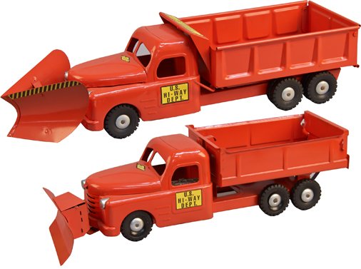 Lot of 2 - Vintage Structo US Hi-Way Dept. Work Trucks:: Lot of 2 - Vintage Structo US Hi-Way Dept. Work Trucks: 1 - Hydraulically Operated Dump Truck w/ open back chute door, double sided front scraper - 25"l. & 1 - Removable back bed truck, single front s