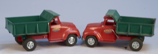 Lot of 2 - Vintage Tonka Toys Dump Trucks c1956: Lot of 2 - Vintage Tonka Toys Dump Trucks c1956, red & green - 13"l.