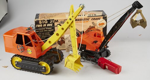 Lot of 2 - Vintage Digger/Crane Construction Vehicles:: Lot of 2 - Vintage Digger/Crane Construction Vehicles: 1 - "BIG-DIG Power Digger" No. 1100 by NYLINT & 1 - "BIG JIM" No. 130 Electric Magnetic Crane/remote control, by General Molds & Plastics w/ O.B