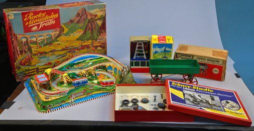 Lot of 4 - Vintage Foreign Made Toys/Models:: Lot of 4 - Vintage Foreign Made Toys/Models: 1 - Rocky Mountain Train No. 312, Made By Technofix in Western Germany, litho. tin, 1 - Rigi Elektric Cable Car Nr. 900, by Lehmann, Made in Western German