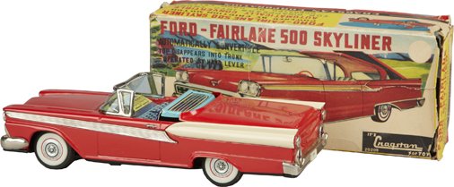Cragstan 1959 Ford-Fairlane 500 Skyliner Friction Car: Cragstan 1959 Ford-Fairlane 500 Skyliner Friction Tin Car w/ O.B., Automatically convertible (hand-lever operated), Made In Japan, Very good condition - 10.5" long