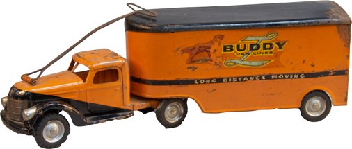 Vintage Buddy "L" Pressed Steel Pull-N-Ride Long Distan: Vintage Buddy "L" Pressed Steel Pull-N-Ride Long Distance Moving Tractor & Trailer c1940s, orange - 29-1/2"l