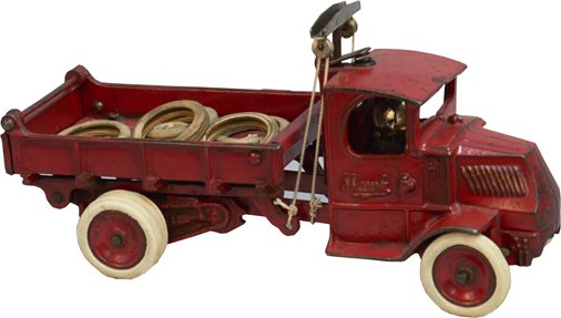 Early Arcade Cast-Iron Mack Dump Truck c1925: Early Arcade Cast-Iron Mack Dump Truck c1925 w/ driver, has replacement tires - 12"l